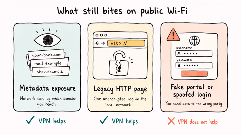 Three cards showing remaining public WiFi risks and which ones a VPN addresses