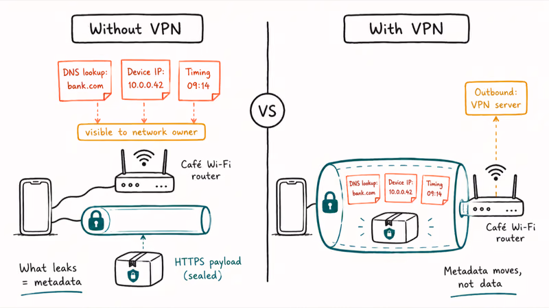 Diagram comparing what public WiFi sees with and without a VPN tunnel layer