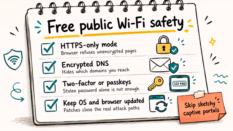 Checklist notebook page showing free public WiFi safety settings to enable