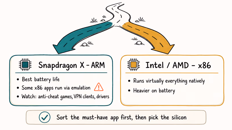 Side-by-side of Snapdragon ARM battery strength versus Intel AMD x86 native app compatibility