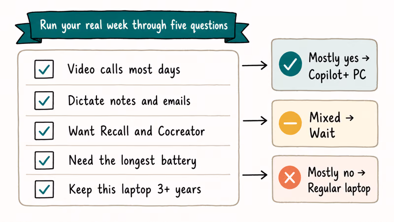 Checklist of five workflow questions leading to yes, no, or wait laptop buying outcomes