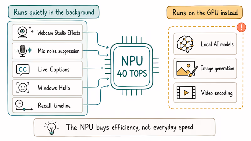 Diagram of NPU background AI features beside GPU tasks like local models and video encoding