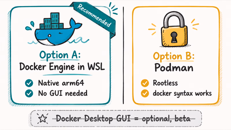 Side-by-side cards comparing recommended Docker Engine in WSL against Podman container options