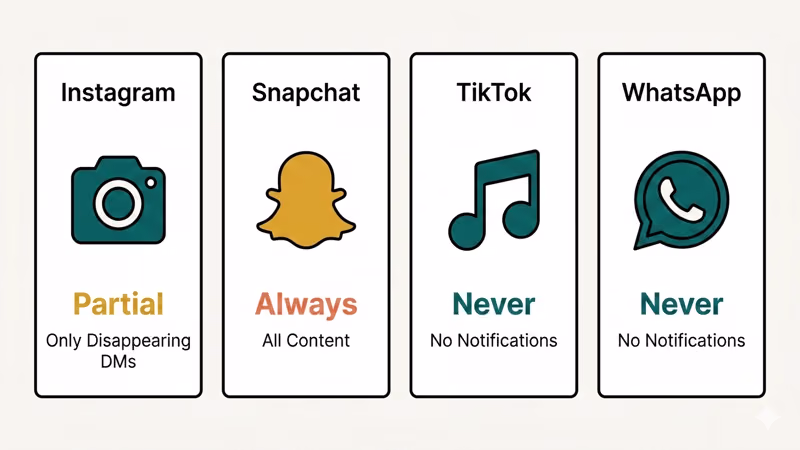 Cross-platform screenshot notification comparison for Instagram Snapchat TikTok and WhatsApp