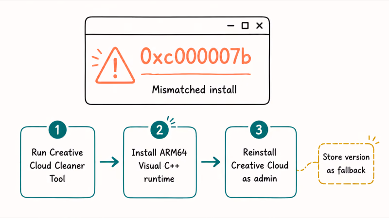 Clean reinstall steps that fix the 0xc000007b Photoshop launch error on Snapdragon X