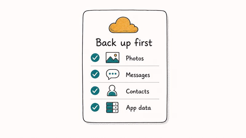 Backup checklist with checkmarks beside photos, messages, and contacts before restore