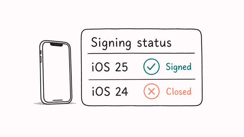 Signing status panel showing iOS 25 marked signed and an older version marked unsigned