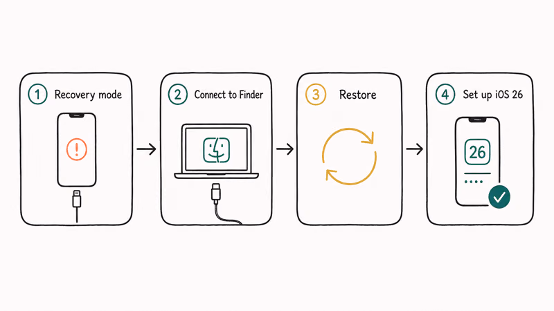 Horizontal flow of numbered steps from recovery mode to a clean iOS 26 install
