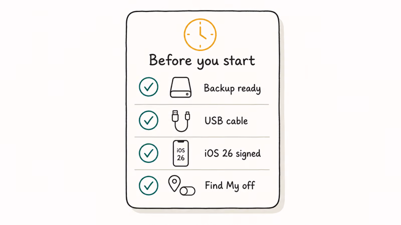 Checklist card with checkmarks beside backup, cable, and signing status items
