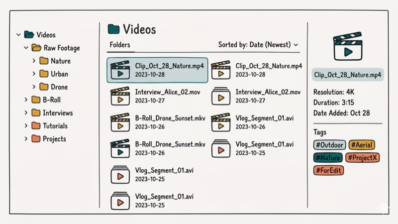 Hand-drawn illustration of organized folder structure for downloaded video clips