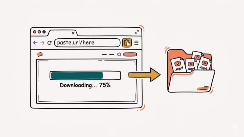 Hand-drawn illustration of downloading clips with browser URL paste and progress bar