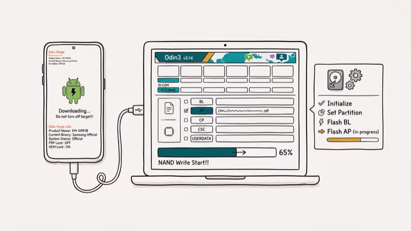 Illustration of samsung odin for downloading do not turn off target