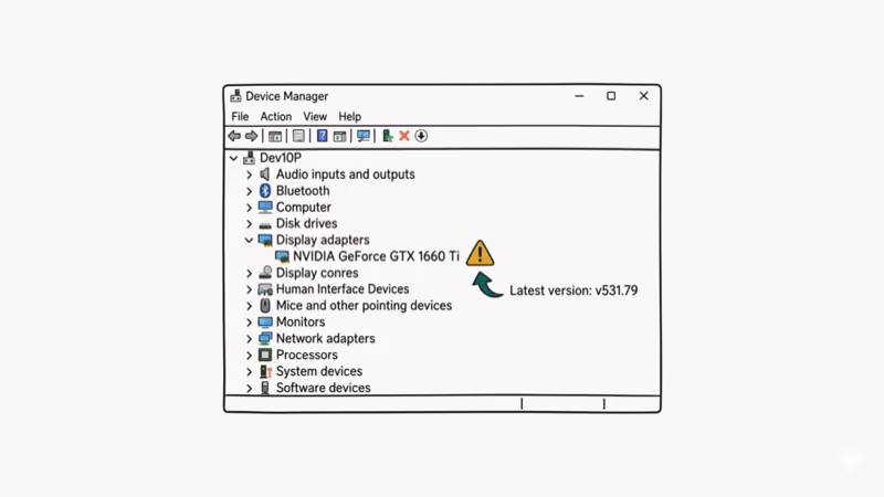Device Manager window showing GPU driver with yellow warning triangle and update option
