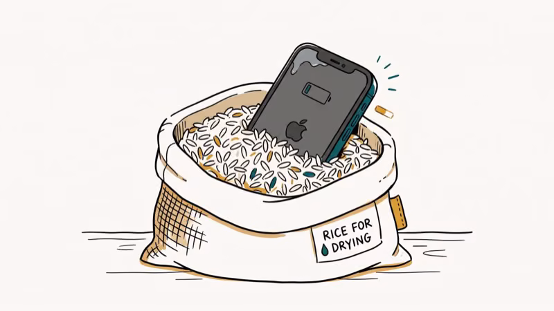 Illustration of rice bag for dropped iphone in water
