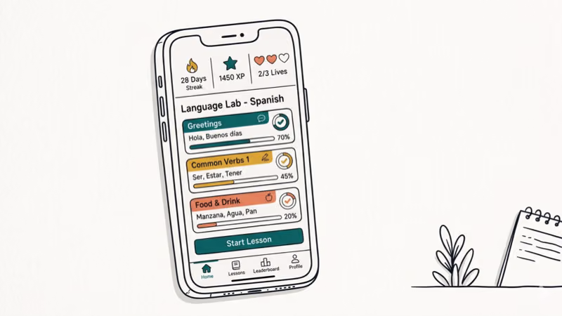 Smartphone showing gamified language app with XP points streak counter and lesson cards