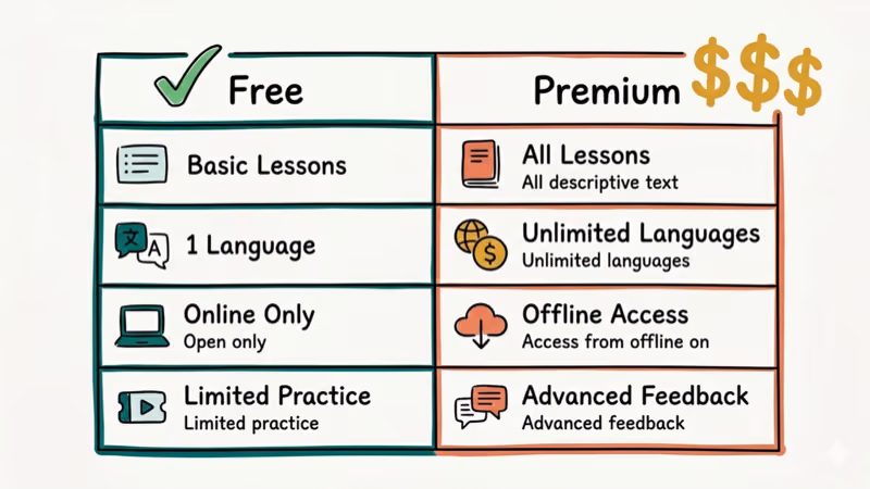 Pricing comparison table showing free and paid language app subscription tiers