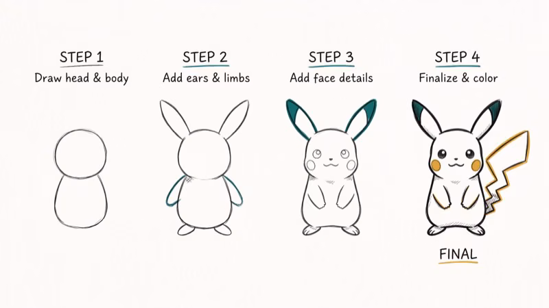 Illustration of pikachu sketch for easy to draw pokemon