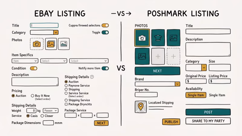 Illustration of listing interface for ebay vs poshmark