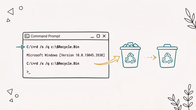 Illustration of command prompt for empty the recycle bin