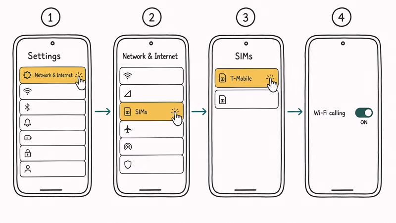 Four Pixel phone screens showing Network and Internet, SIMs, carrier detail, and Wi-Fi calling toggle.