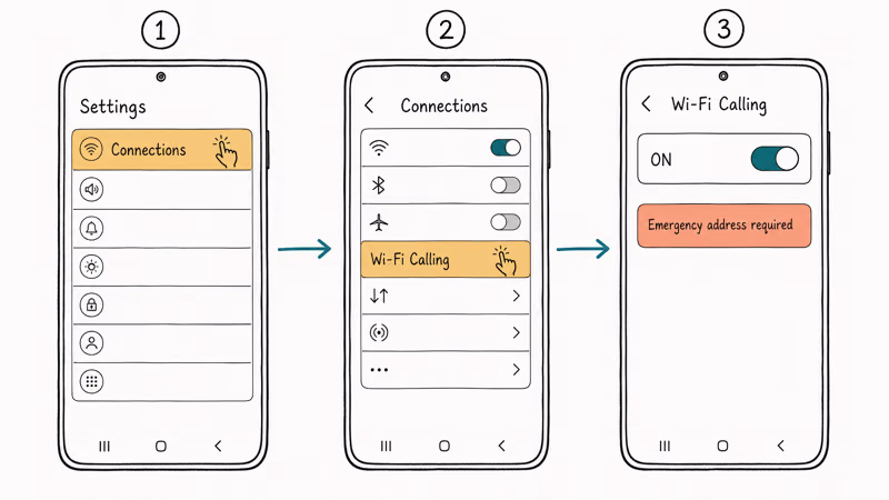 Three Samsung Galaxy screens showing Settings, Connections, and Wi-Fi Calling toggle activation.