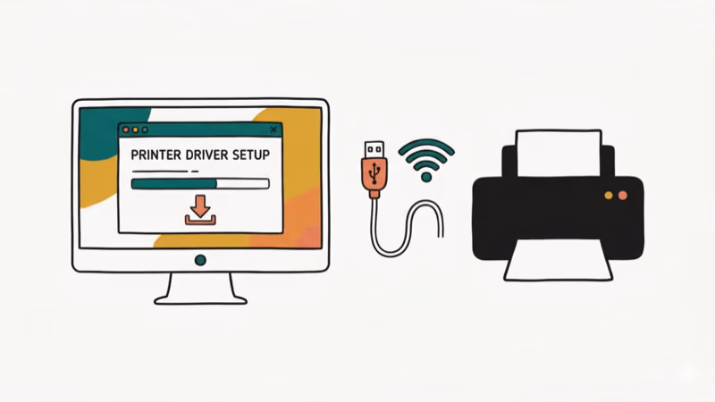 Printer driver installation window with download arrow and USB Wi-Fi connection icons
