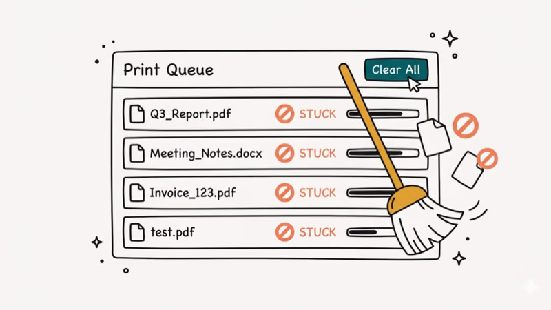 Print queue interface showing stuck documents being cleared with a sweep action