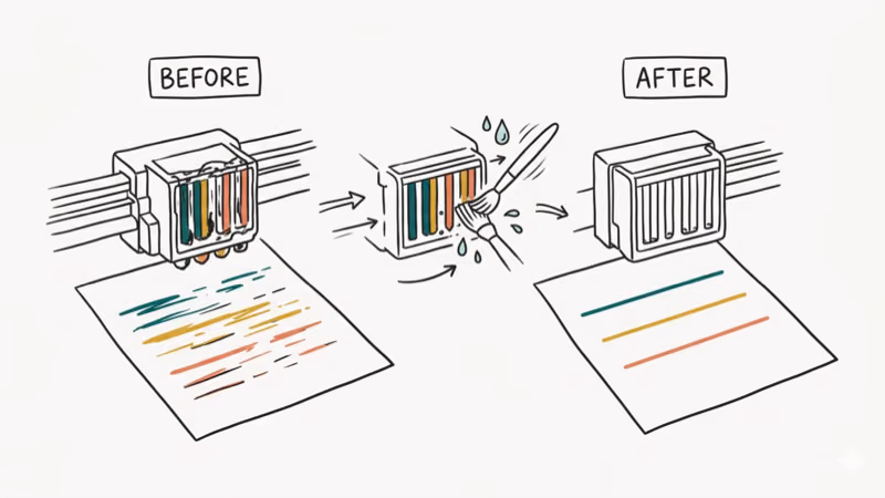 Printer printhead nozzles being cleaned showing before and after print quality improvement