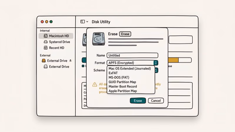Illustration of disk utility for erase process has failed on mac