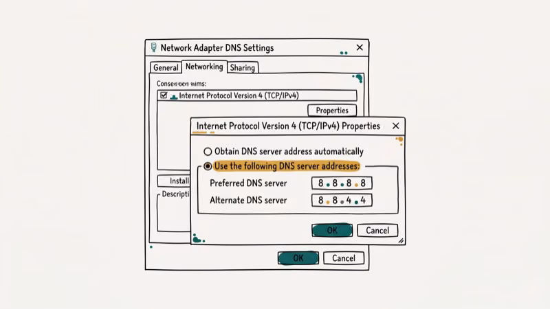 Illustration of dns settings for err_address_unreachable