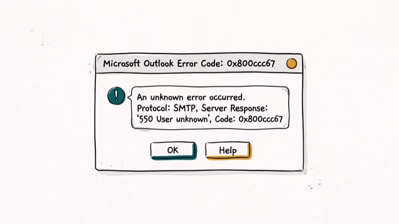 Illustration of outlook error for error 0x800ccc67