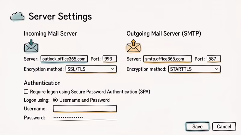 Illustration of smtp settings for error 0x800ccc67