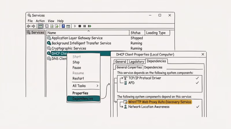 Illustration of services window for error 1068