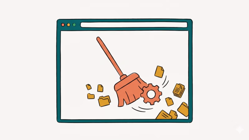 Hand-drawn illustration of a browser window with cached files being swept clean