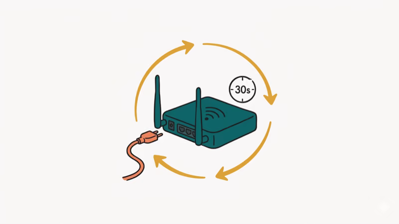 Hand-drawn illustration of a router being power cycled with refresh arrows