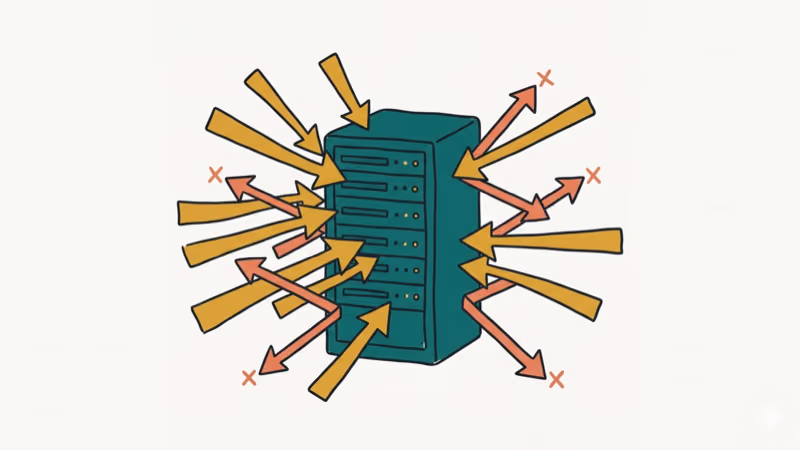 Hand-drawn illustration of a server rack overwhelmed by incoming traffic arrows