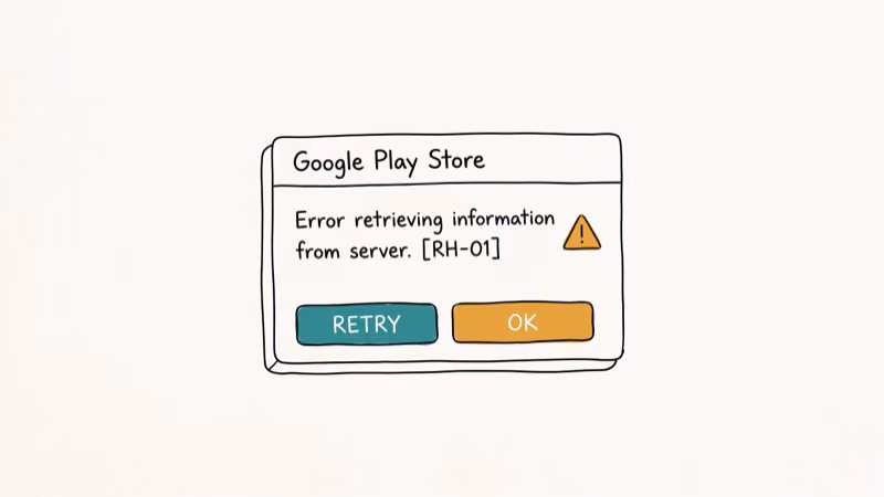 Illustration of play store rh01 for error retrieving information from server rh 01