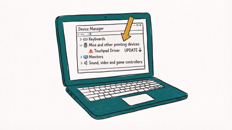 Hand-drawn illustration of Device Manager showing touchpad driver update process