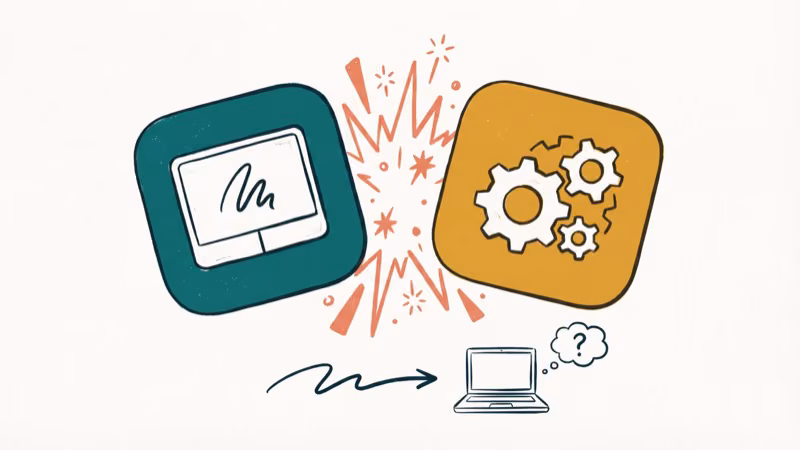 Hand-drawn illustration of two software icons colliding showing driver conflict