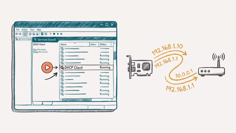 Hand-drawn illustration of Windows services panel showing DHCP Client being started