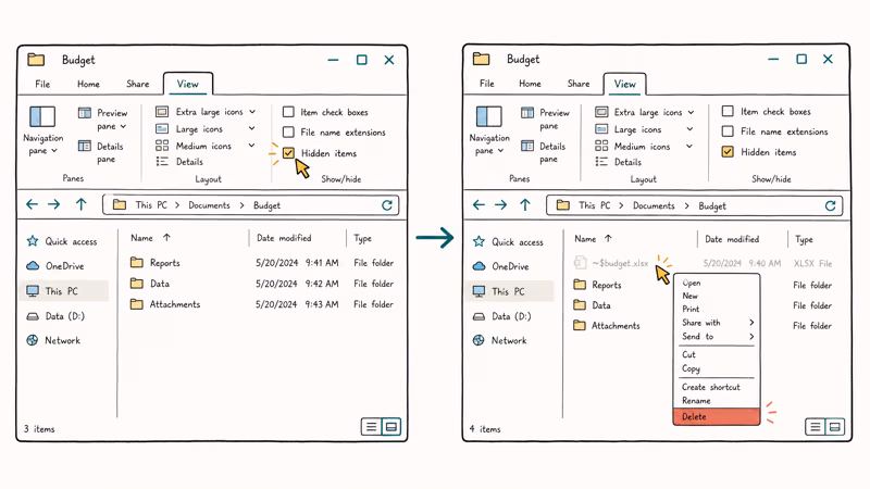 File Explorer hidden items toggle and right-click delete action on lock file