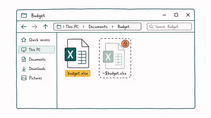 Folder view showing visible Excel workbook beside hidden tilde dollar lock file with lock badge