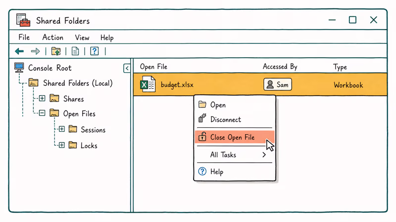 Microsoft Management Console showing Shared Folders open files with close open file action highlighted