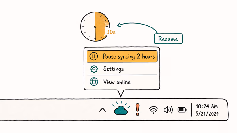 OneDrive taskbar icon with pause syncing menu and thirty second clock plus resume arrow