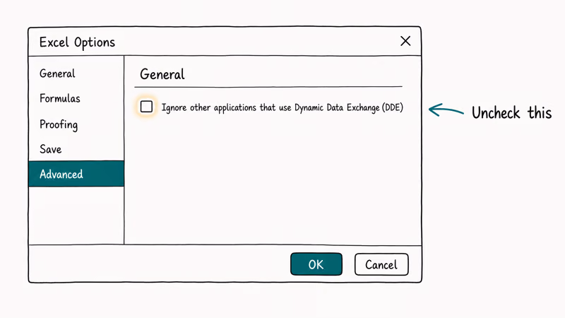 Excel Options Advanced General section showing Dynamic Data Exchange checkbox to fix blank launches