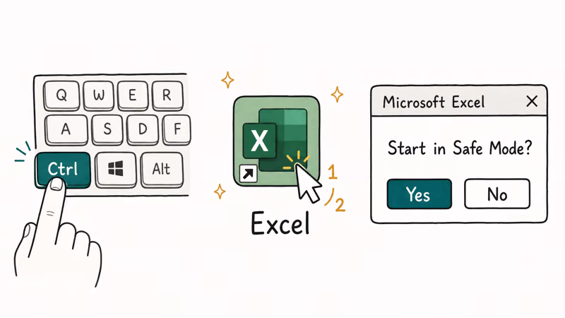 Hand pressing Ctrl key while clicking Excel icon with Safe Mode confirmation dialog appearing