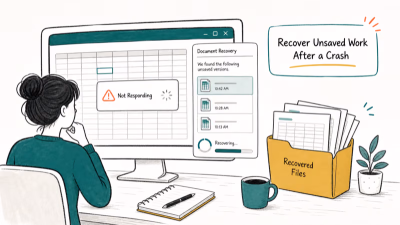 Hand-drawn illustration: Recover Unsaved Work After a Crash