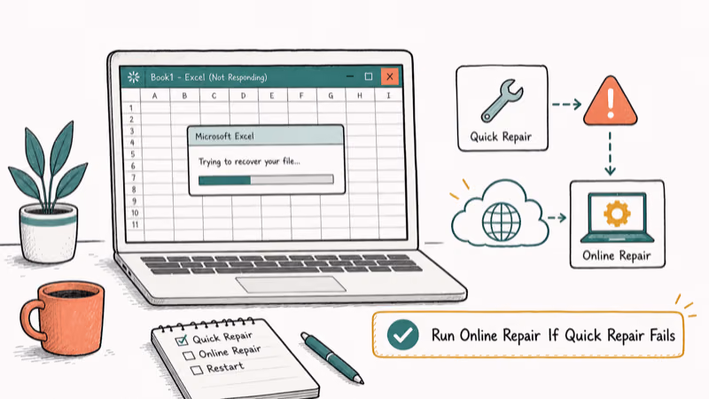 Hand-drawn illustration: Run Online Repair If Quick Repair Fails