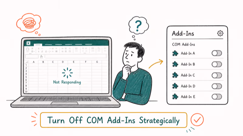Hand-drawn illustration: Turn Off COM Add-Ins Strategically