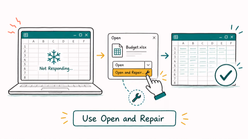 Hand-drawn illustration: Use Open and Repair